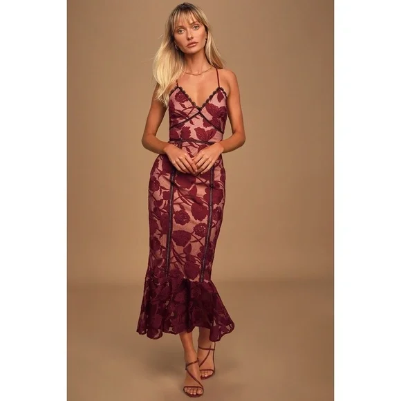 Lulus Alluring Dream Burgundy Floral Mesh Lace Trumpet Midi Dress Red - Size M - Picture 10 of 10